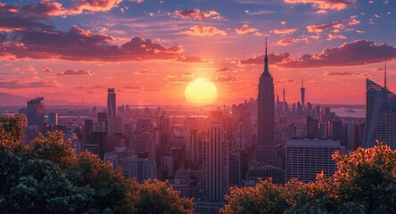 Obraz premium Playful sunrise cityscape rendered in cartoon art style with vibrant colors and detailed panoramic view