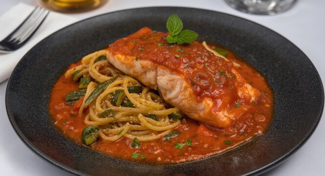 Seafood restaurant dinner plate including salmon with tomato sauce and veggie pasta