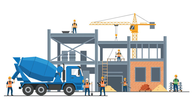 A construction site shows a partially built steel-frame building with workers, a cement mixer truck, and a yellow crane.