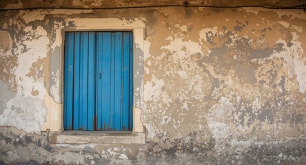 Fototapeta premium Rustic vintage house featuring weathered walls and an aged blue window with charming historical architecture