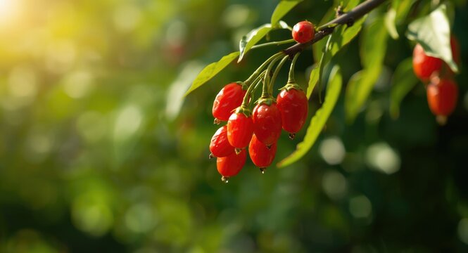 Fresh goji berry fruit ripe on natural branch with vibrant sunlight and blurred green foliage background