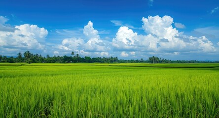 Obraz premium Lush rice field panorama featuring vibrant green meadows beneath a clear bright sky with dynamic white clouds