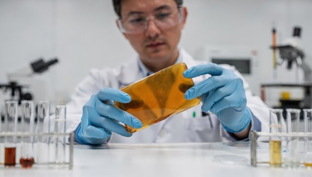Medium shot of scientist examining biobased synthetic polymer resin with plantderived monomers in a modern lab highlighting partial biocontent for sustainable materials research.