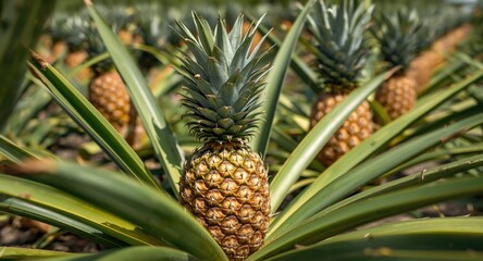 Obraz premium Naturally ripened pineapples thriving in sunny orchard