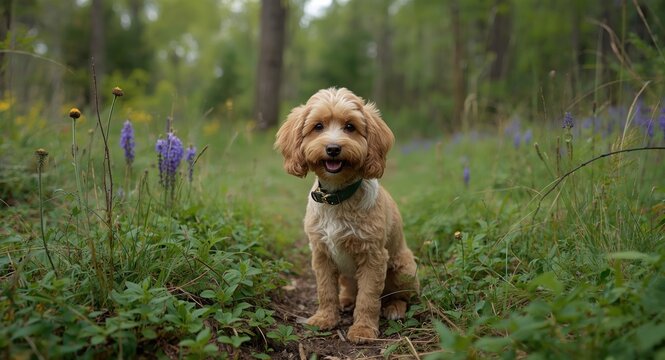Friendly doxiepoo pet pausing near wildflowers and ferns in a summer forest full length