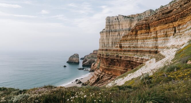 Rocky coastal area with distinct layers of limestone sandstone siltstone and mudstone
