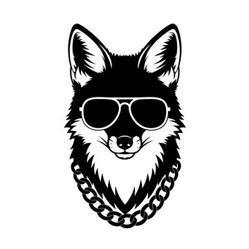 Cool Fox Wearing Sunglasses and Gold Chain, Hip Hop Style, Black and White Vector Art