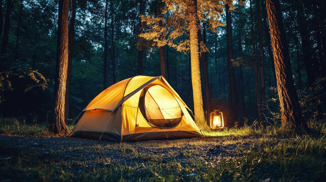 Camping tent glowing warmly in dark forest at night with lantern light creating cozy atmosphere