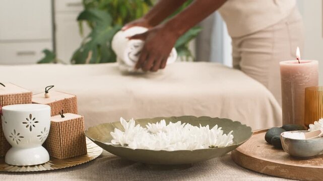 Professional Black Woman Prepares a Luxurious Spa Treatment Room for Ultimate Relaxation and Wellness
