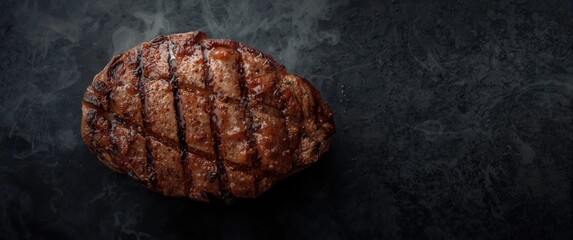 Naklejka premium Overhead shot of smoky grilled ribeye steak seasoned with copy space