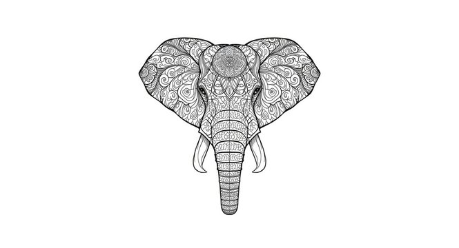 Artistic zentangle elephant sketch crafted for coloring books displayed on white background