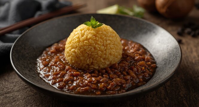 Pulut kuning with rendang shown with focused attention to authentic Malay flavors