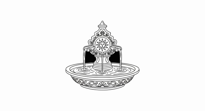 Ornate fountain with sun motif and cascading water streams into a basin