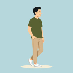Fototapeta premium Young man smiling while walking casually on blue background 
