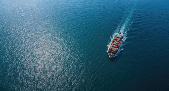 Maritime drone shot of cargo vessel on open water