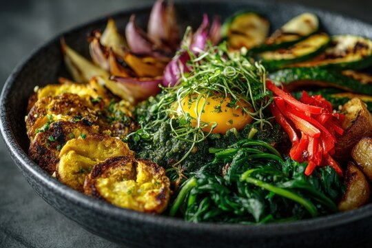 Plant based breakfast bowl with mung bean pancakes