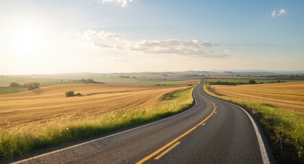 Fototapeta premium Luminous summer prairie landscape with a paved highway bending through large open fields and soft hills