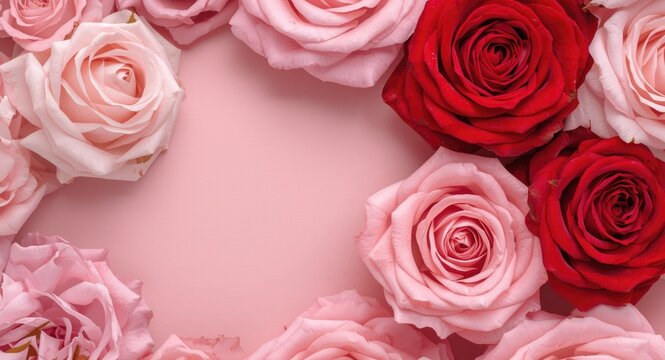 Soft pink and vivid red Dick Clark roses in a blooming arrangement with copy space for design