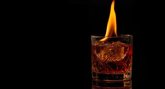 Detailed view of two alcoholic drinks one lit on fire with a black background and copy space