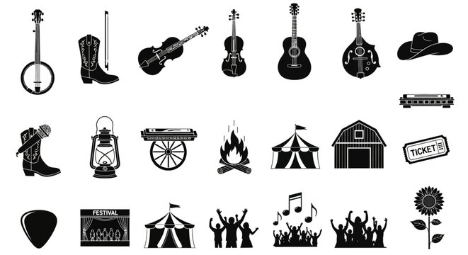 Detailed Outline Bluegrass Festival Icon Collection With Musical Instruments Country Culture And Live Performance Visual Elements