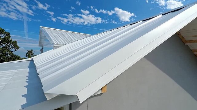 Modern white l roof of a contemporary building under a clear blue sky