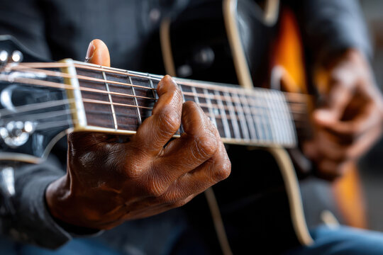 Musician playing acoustic guitar in a cozy indoor setting