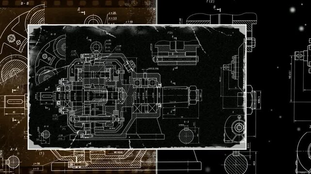 Video animation with assembly drawing of reducer, motor, gearbox, engine, worm gear. Animated motion effect. Engineering technical design of mechanical part of construction machine. Scheme set.