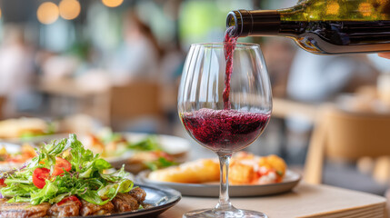 Naklejka premium Red wine pouring into glass with fresh salad and meal on table in cozy restaurant setting, creating warm and inviting atmosphere