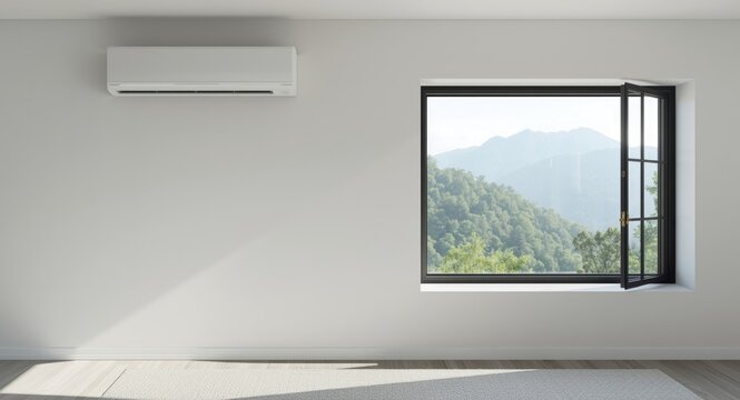 Minimalist modern interior incorporating a wall air conditioning unit next to an open window featuring lush mountain scenery and natural soft light