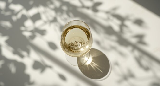 Overhead view of a wine glass filled with white wine casting artistic shadows under bright sunlight with a minimalistic geometric summer beverage setup