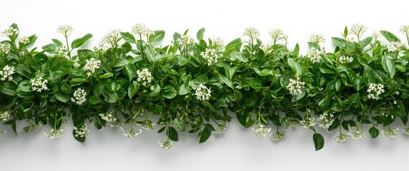 Naklejka premium Lush green Bacopa monnieri Brahmi plant with fine white flowers arranged on a white backdrop