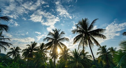 Obraz premium Scenic tropical nature view of palm trees bathed in sunlight with a background of blue sky and scattered clouds
