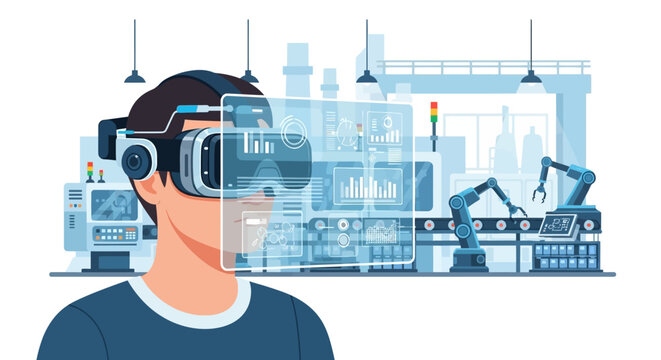 Worker using VR headset to control and monitor smart factory operations with augmented reality data interface, showcasing Industry 4.0 and digital manufacturing.