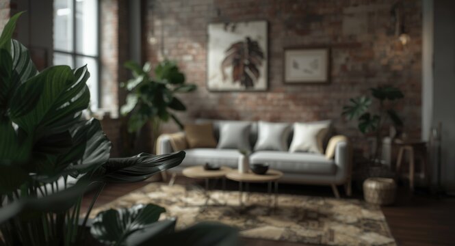 Alocasia Frydek in selective focus within a trendy bohemian industrial living room design