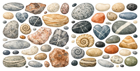 A beautiful collection of watercolor natural stones and pebbles, featuring assorted rocks with unique textures, patterns, and fossil details, isolated on a transparent background. © liana