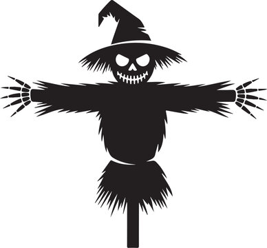 Black scarecrow with skull face and witch hat skeleton