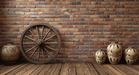 Obraz premium Rustic African tribal design with wooden wheel and painted vases on brick wall interior