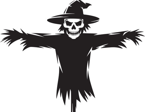 Black scarecrow with skull face and witch hat skeleton