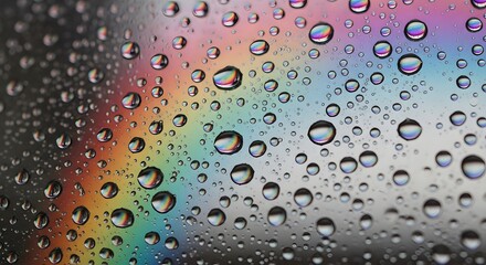 Obraz premium Rain droplets on a windowpane display a vibrant rainbow spectrum with clear water beads.