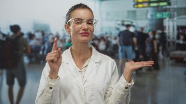 Scientist woman wearing clear glasses and white lab coat points finger in busy airport terminal; confidence clarity focus trust.