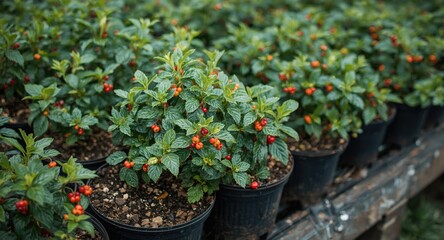 Containers with berry bushes seedlings prepared for outdoor transfer