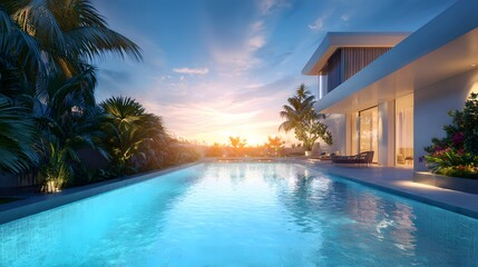 Fototapeta premium Luxury sunset over villa pool. Contemporary architecture style. Tropical real estate property. Elegant house exterior design.