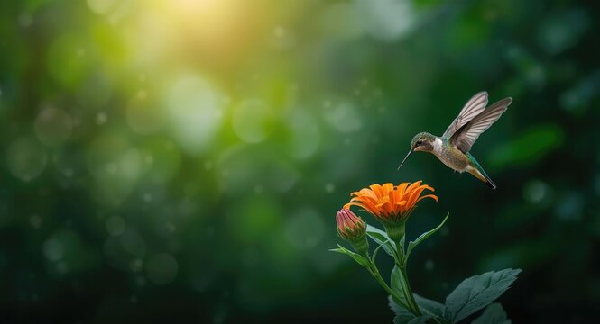 Hummingbird wings flapping near an orange flower with deep green forest beyond