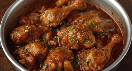 Fototapeta premium Slow cooked brown stew chicken with aromatic spices