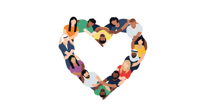A diverse group of eighteen people from various ethnicities and genders form a heart shape by interlocking arms on a white background.