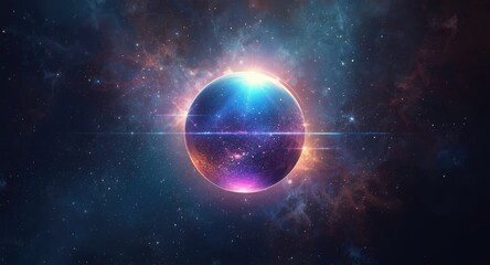 Obraz premium Luminous reflective orb with shifting colors over a cosmic setting including copy space
