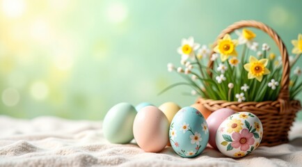 Fototapeta premium spring easter decoration with painted eggs and flowers arrangement