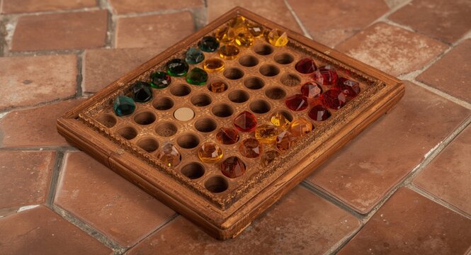 Classic mancala board using colored glass counters placed on ceramic tiles