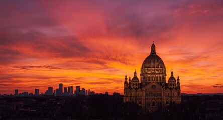 Fototapeta premium Dramatic sunset lighting highlighting stone cathedral and urban backdrop