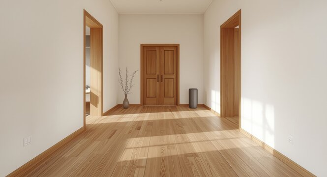 Minimalist home foyer featuring floating hardwood floors and consistent woodwork with copy space for text or visual design